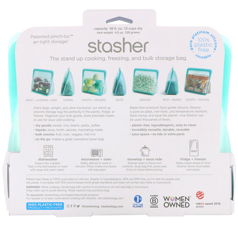 Stasher, Reusable Silicone Food Bag, Stand Up Bag, Aqua, 56 fl oz (128 g)