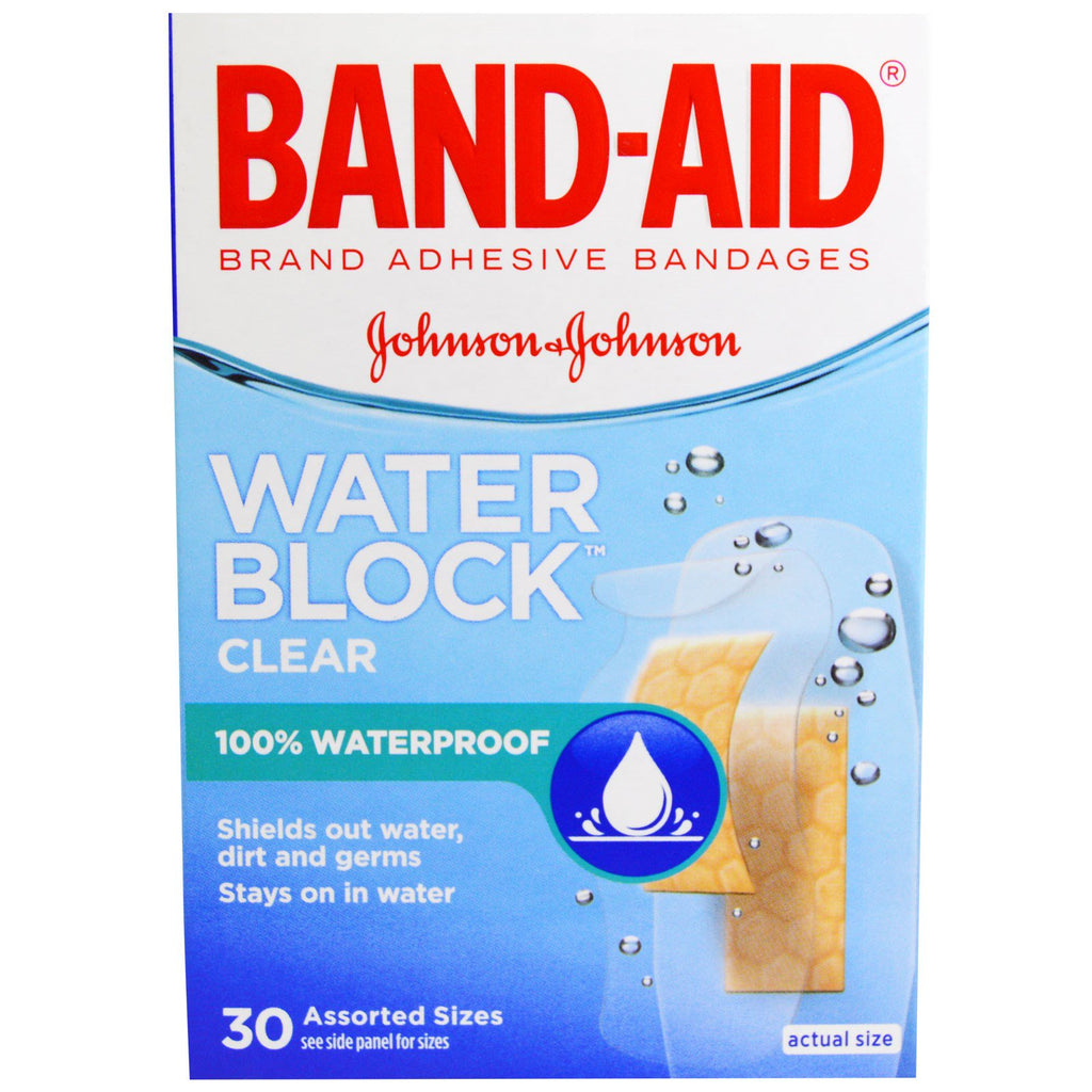 Band Aid, Adhesive Bandages, Water Block, Clear, 30 Assorted Sizes