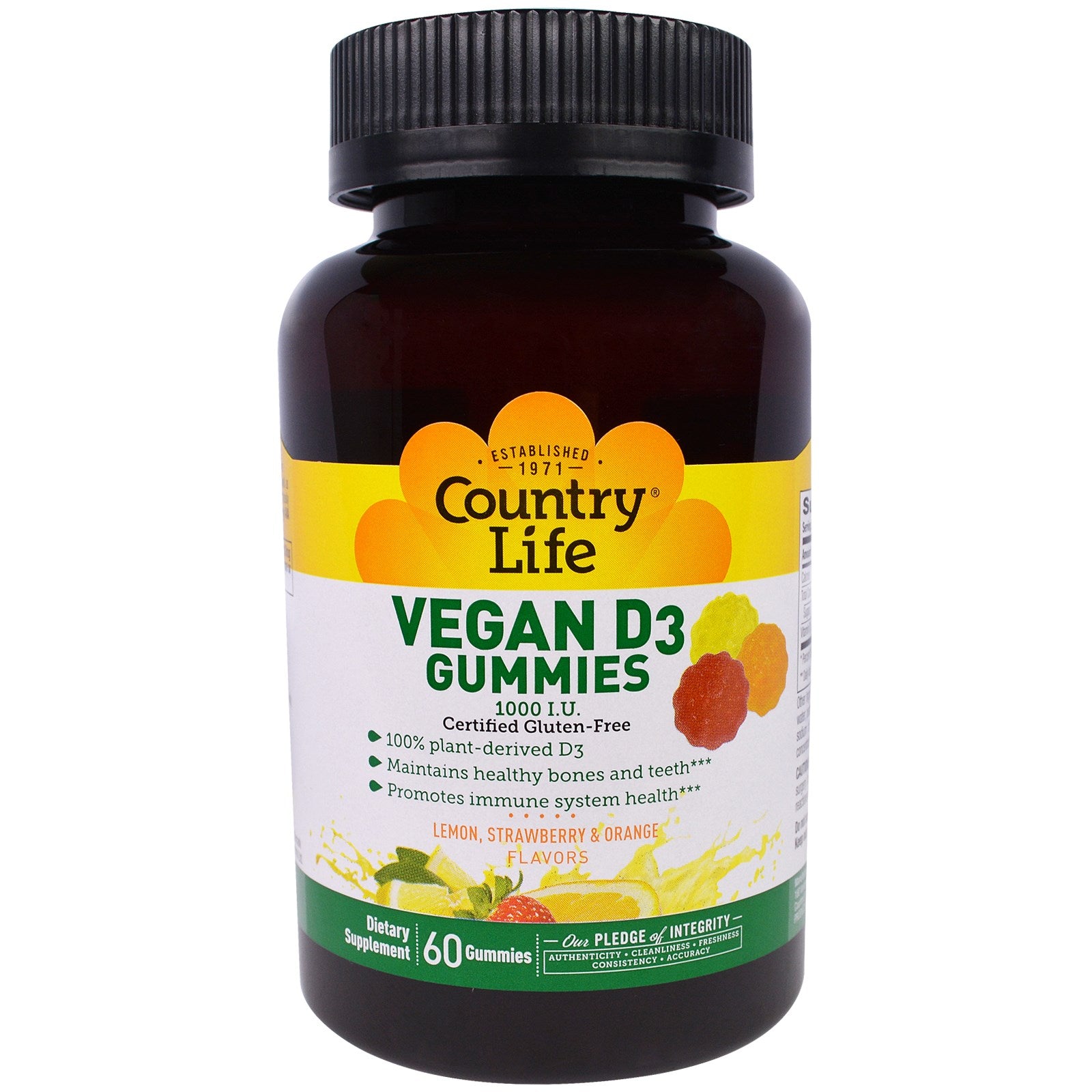 Country Life, Vegan D3 Gummies, Lemon, Strawberry & Orange Flavors, 1,000 IU, 60 Gummies