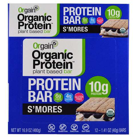 Orgain,  Plant-Based Protein Bar, S'mores, 12 Bars, 1.41 oz (40 g) Each