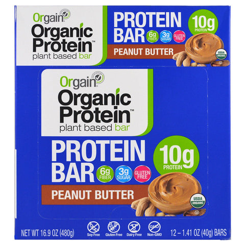 Orgain,  Plant-Based Protein Bar, Peanut Butter, 12 Bars, 1.41 oz (40 g) Each