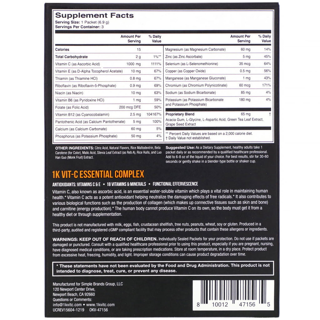 1Kvit-C, Vitamin C, Essential, Effervescent Drink Mix, Natural Orange Flavor, 1,000 mg , 3 Packets, 0.24 oz (6.90 g) Each