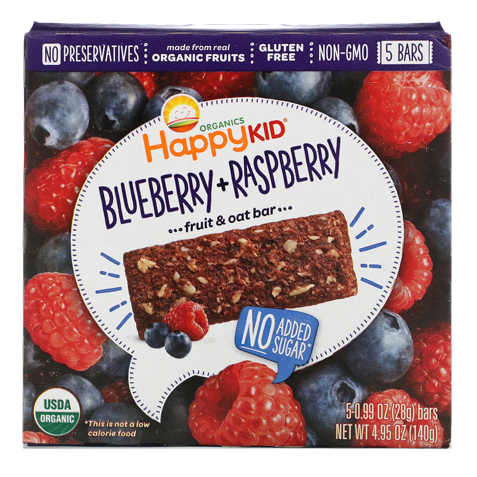 Happy Family Organics, Happy Kid, Blueberry + Raspberry, Fruit & Oat Bar, 5 Bars, 0.99 oz (28 g) Each