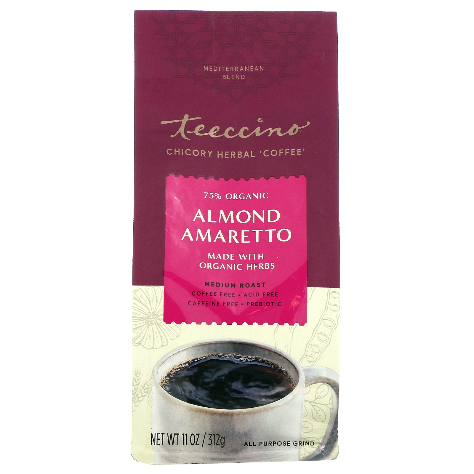 Teeccino, Chicory Herbal Coffee, Almond Amaretto, Medium Roast, Caffeine Free, 11 oz (312 g)