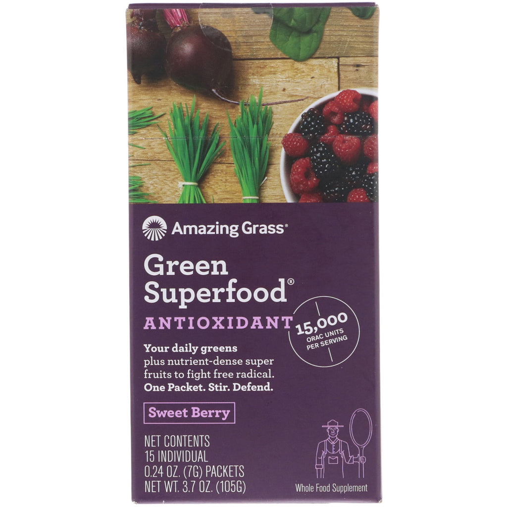 Amazing Grass, Green Superfood, Antioxidant, Sweet Berry , 15 Individual Packets, 0.24 oz (7 g) Each