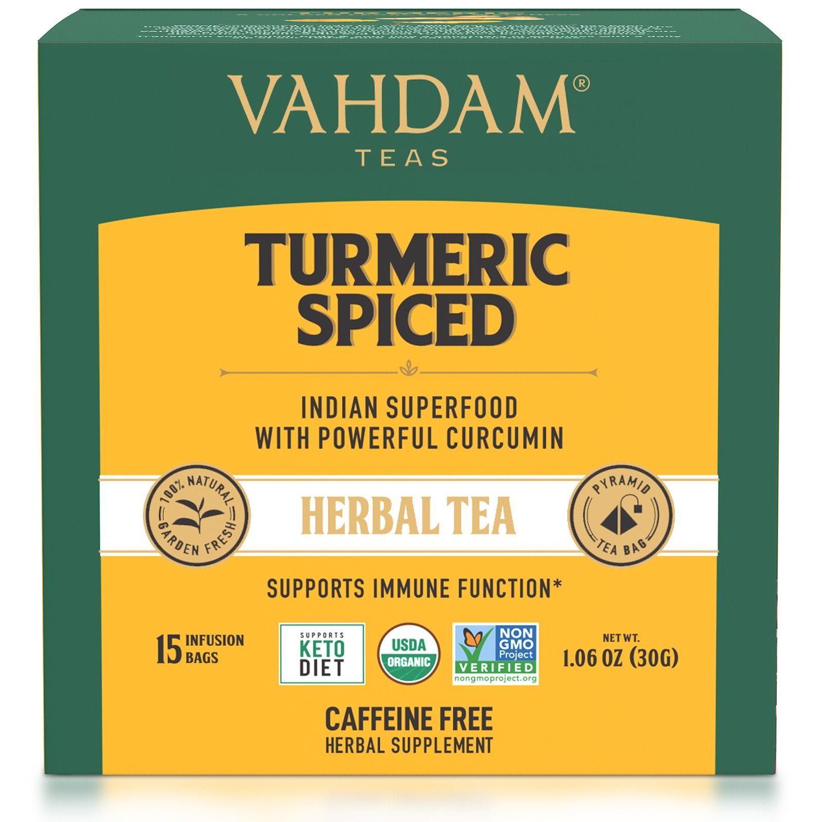 Vahdam Teas, Herbal Tea, Turmeric Spiced, Caffeine Free, 15 Tea Bags, 1.06 oz (30 g)