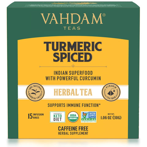 Vahdam Teas, Herbal Tea, Turmeric Spiced, Caffeine Free, 15 Tea Bags, 1.06 oz (30 g)