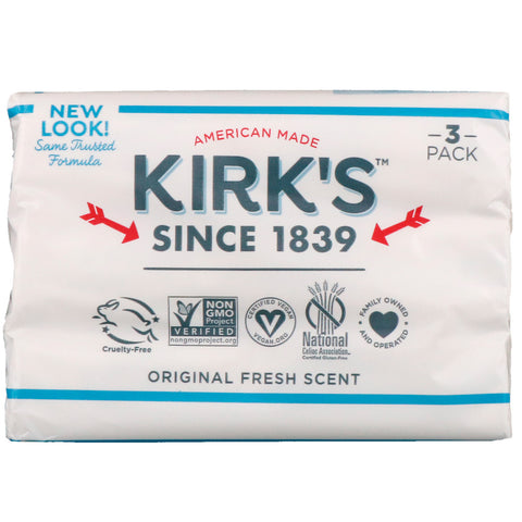 Kirk's, 100% Premium Coconut Oil Gentle Castile Soap, Original Fresh Scent, 3 Bars, 4 oz (113 g) Each