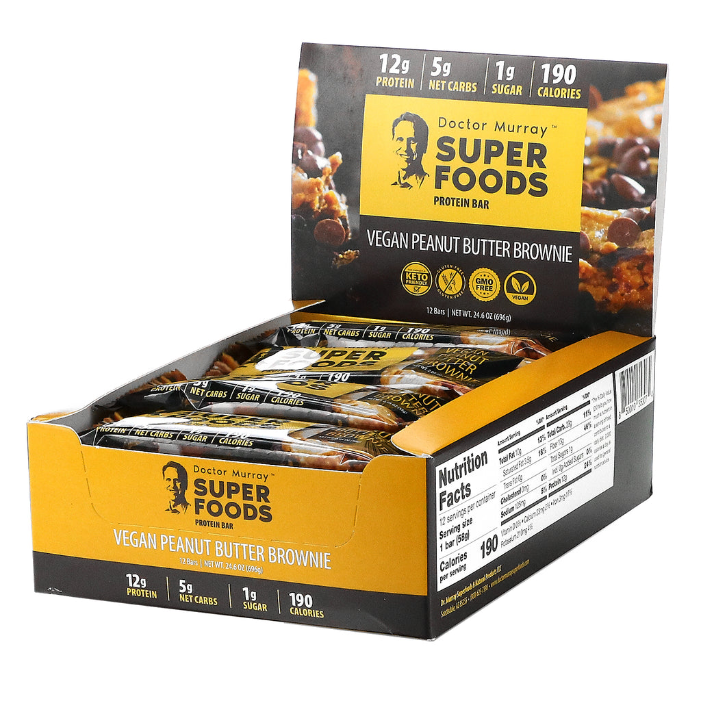 Dr. Murray's, Superfoods Protein Bars, Vegan Peanut Butter Brownie , 12 Bars, 2.05 oz (58 g) Each