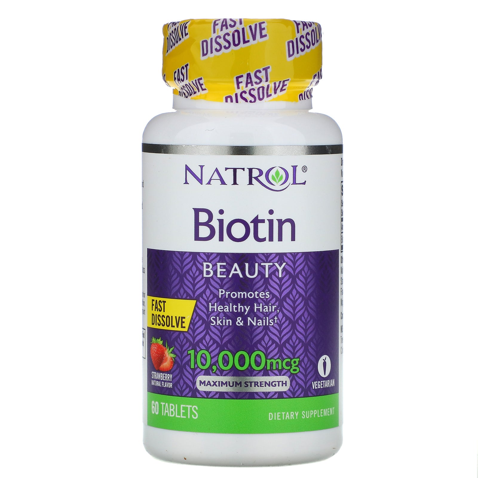 Natrol, Biotin, Maximum Strength, Strawberry, 10,000 mcg, 60 Tablets