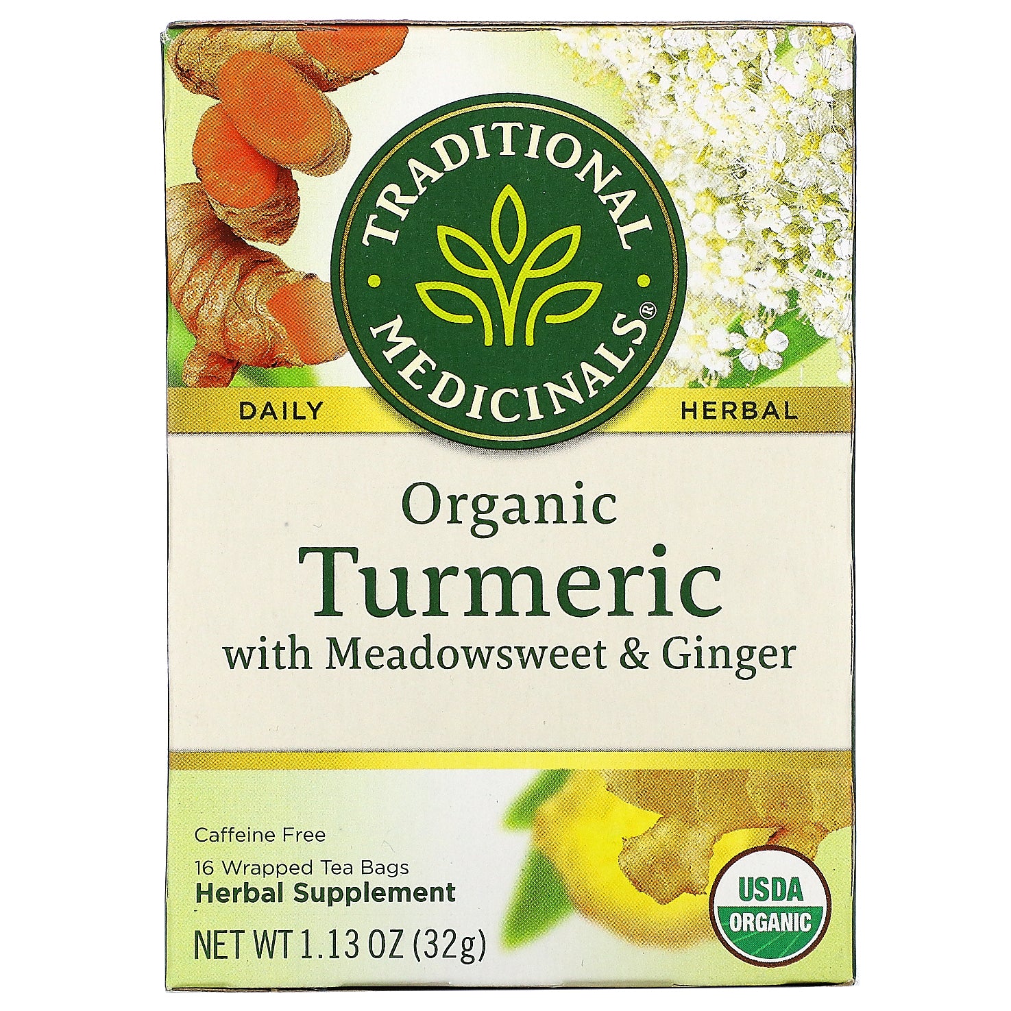 Traditional Medicinals, Organic Turmeric with Meadowsweet & Ginger, Caffeine Free, 16 Wrapped Tea Bags, 1.13 oz (32 g)