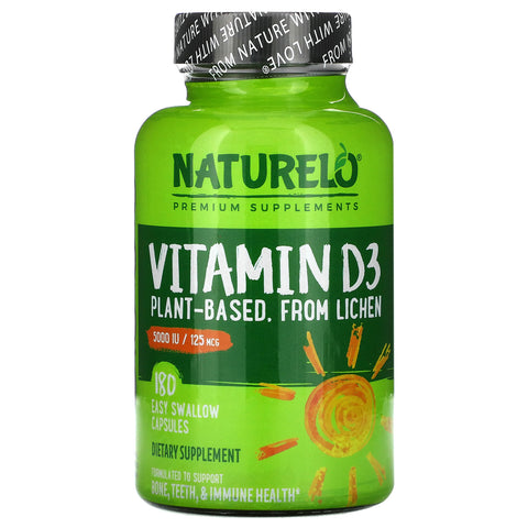 NATURELO, Vitamin D3, Plant Based, 125 mcg (5,000 IU), 180 Easy Swallow Capsules