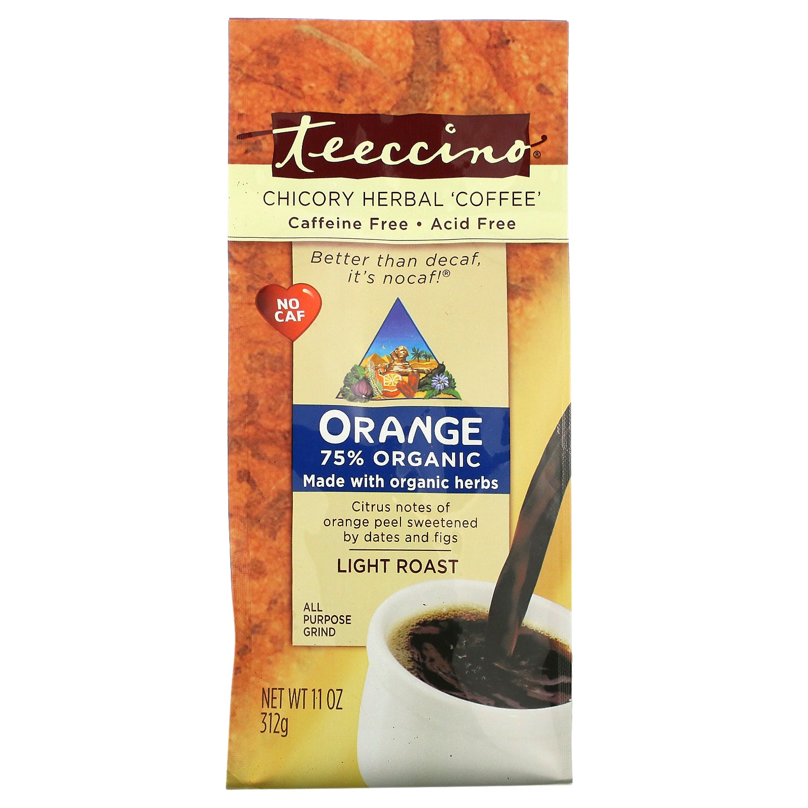 Teeccino, Chicory Herbal Coffee, Orange, Light Roast, Caffeine Free, 11 oz (312 g)