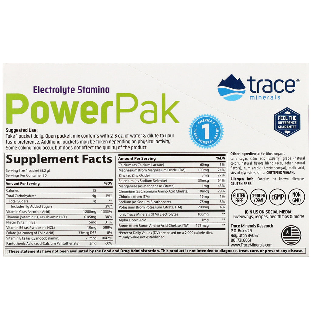 Trace Minerals Research, Electrolyte Stamina PowerPak, Acai Berry, 30 Packets, 0.18 oz (5.2 g) Each