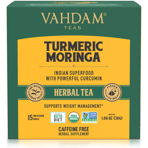 Vahdam Teas, Herbal Tea, Turmeric Moringa, Caffeine Free, 15 Infusion Bags, 1.06 oz (30 g)