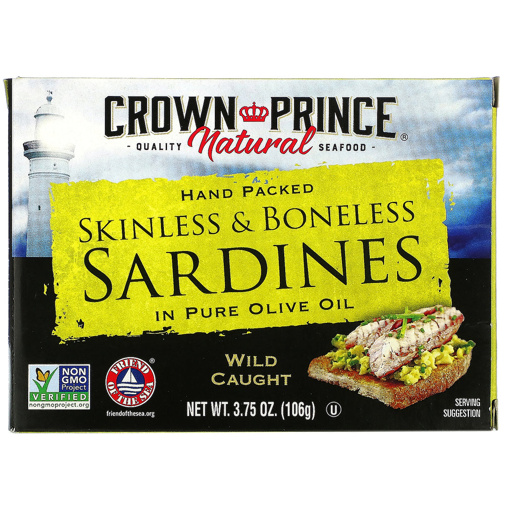 Crown Prince Natural, Skinless & Boneless Sardines, In Pure Olive Oil, 3.75 oz (106 g)