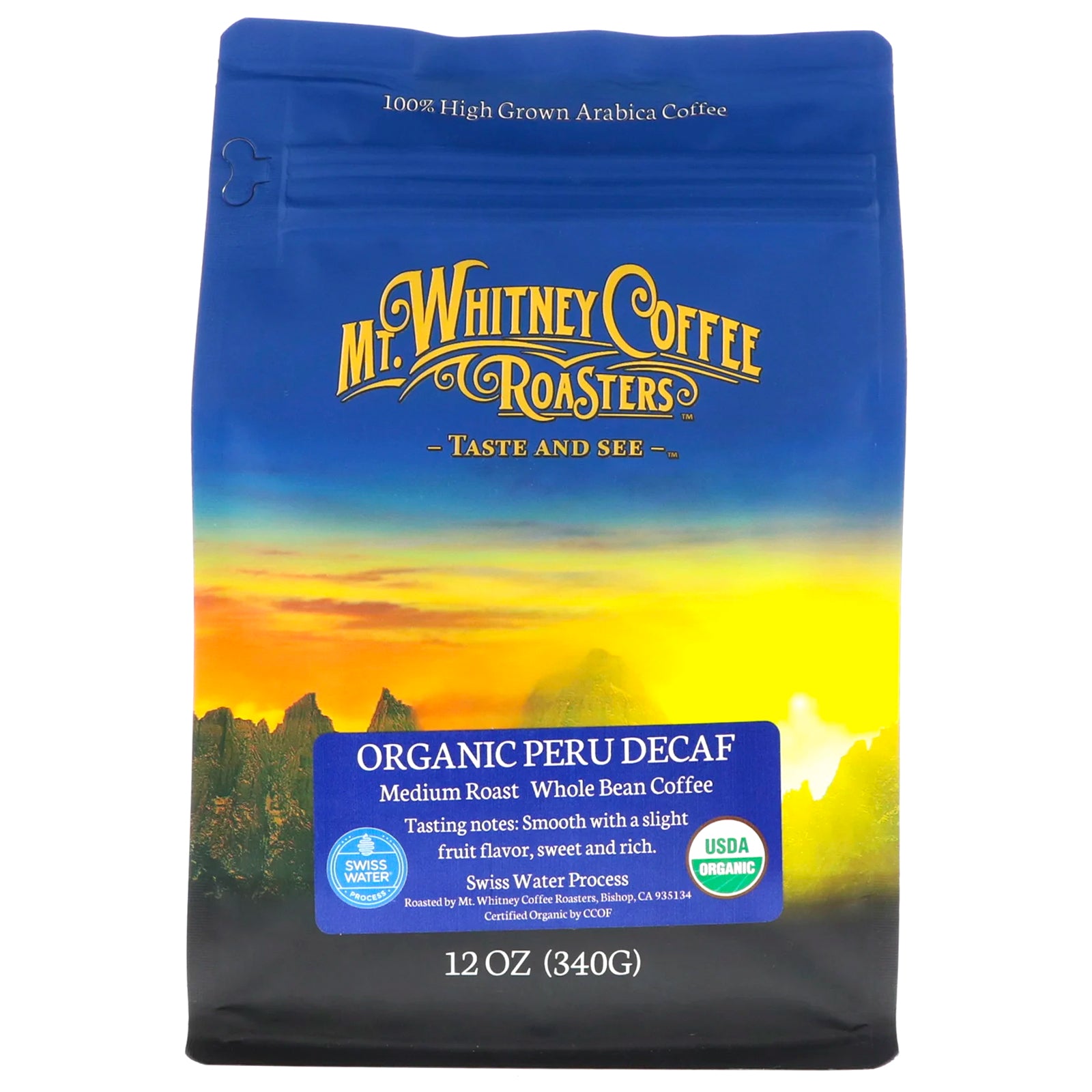 Mt. Whitney Coffee Roasters, Organic Peru Decaf, Medium Roast Whole Bean, 12 oz (340 g)