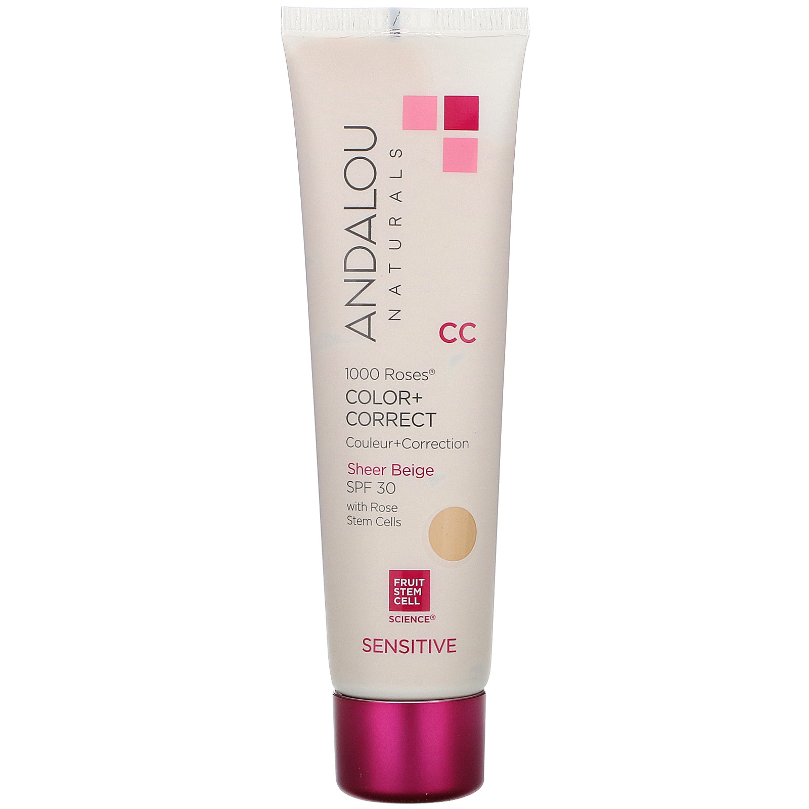 Andalou Naturals, 1000 Roses, CC Color + Correct, Sensitive, SPF 30, Sheer Beige, 2 fl oz (58 ml)