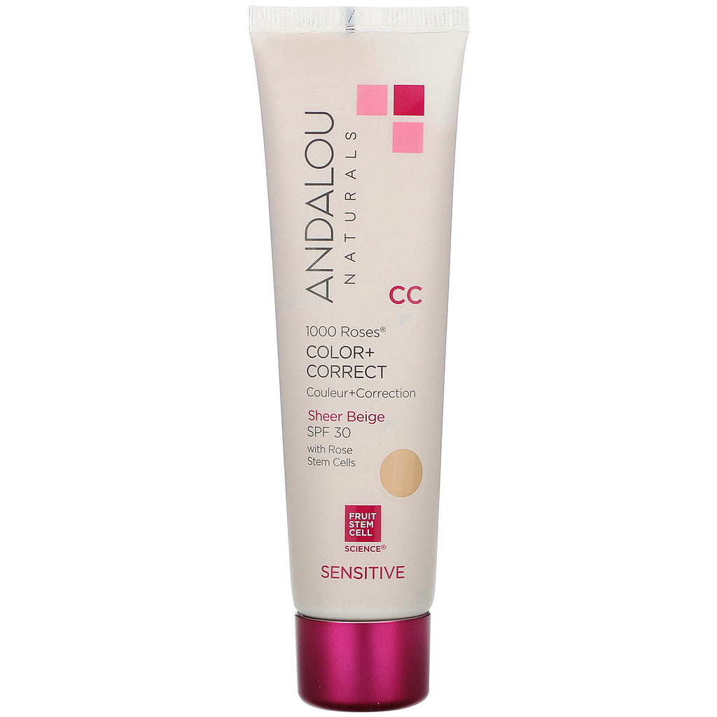 Andalou Naturals, 1000 Roses, CC Color + Correct, Sensitive, SPF 30, Sheer Beige, 2 fl oz (58 ml)