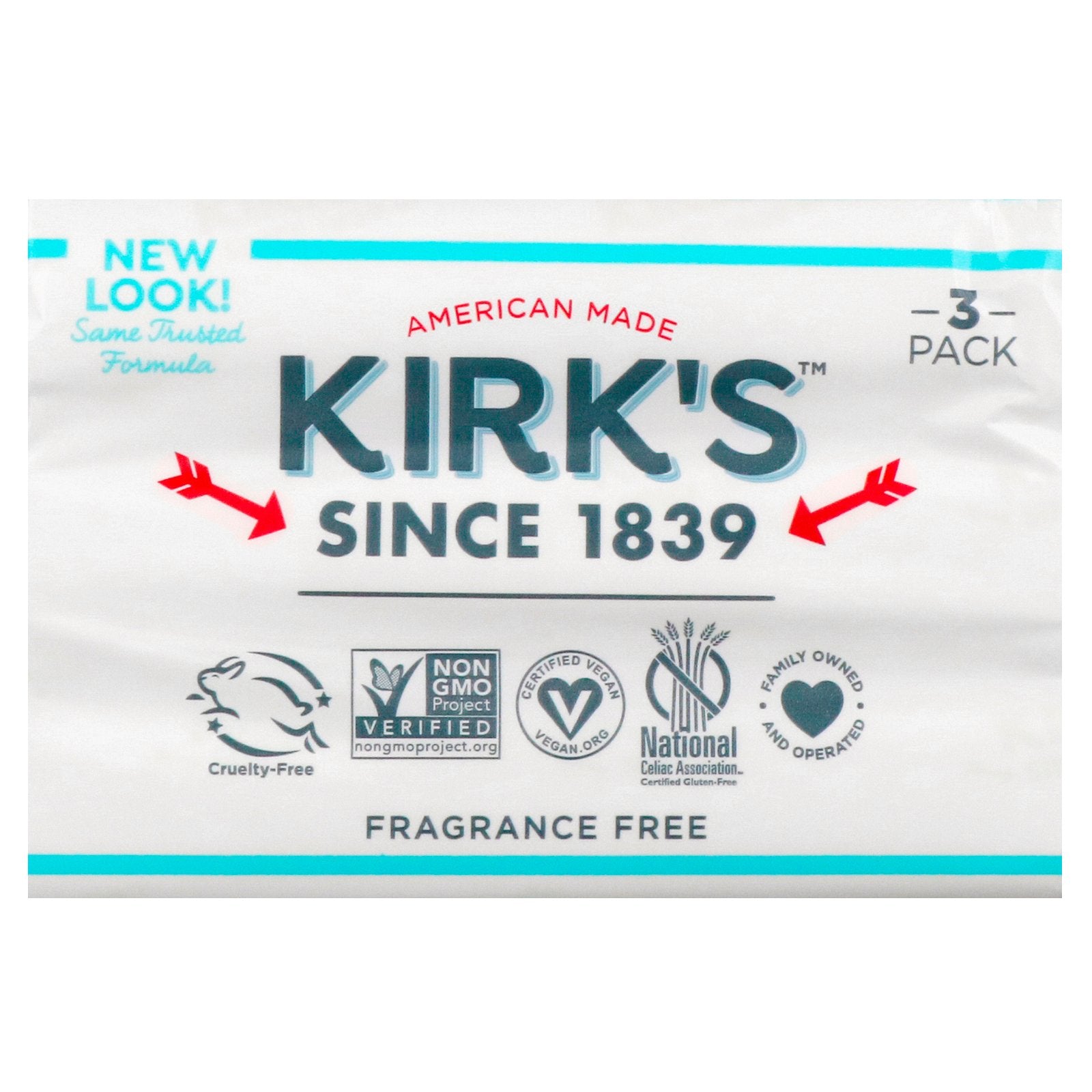 Kirk's, 100% Premium Coconut Oil Gentle Castile Soap, Fragrance Free, 3 Bars, 4 oz (113 g) Each
