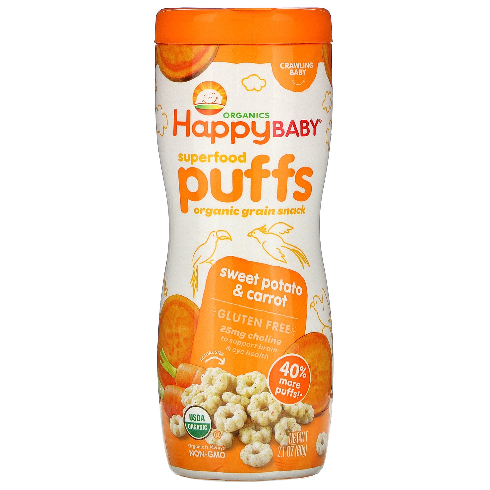 Happy Family Organics, Superfood Puffs,  Organic Grain Snack, Sweet Potato & Carrot, 2.1 oz (60 g)