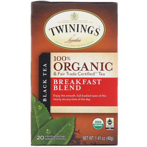 Twinings, 100% Organic Black Tea, Breakfast Blend, 20 Tea Bags, 1.41 oz (40 g)