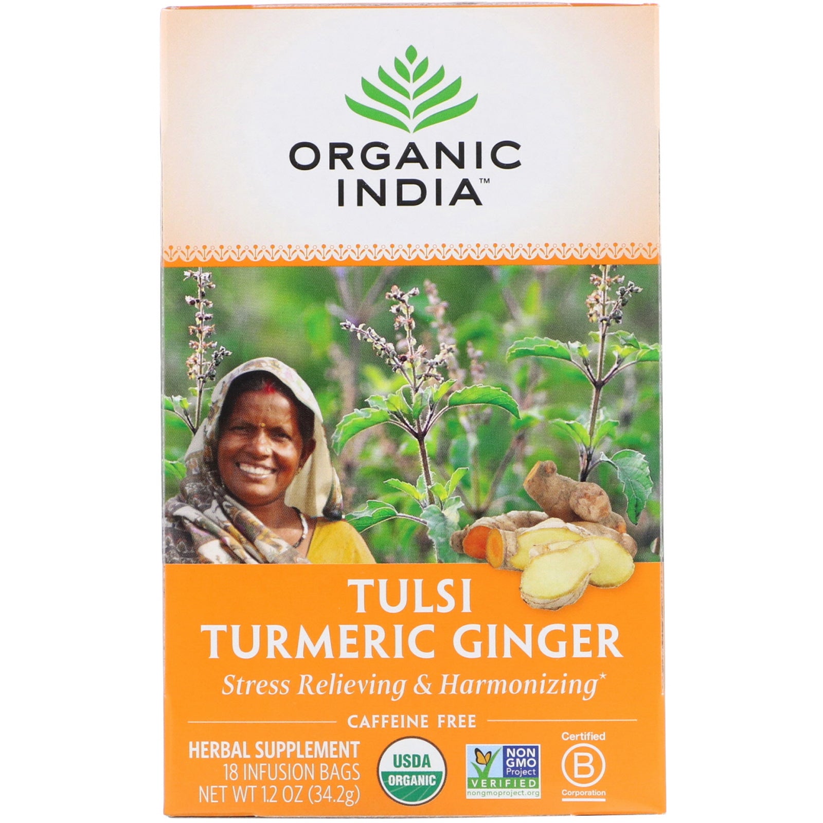 Organic India, Tulsi Tea, Turmeric Ginger, Caffeine-Free, 18 Infusion Bags, 1.2 oz (34.2 g)