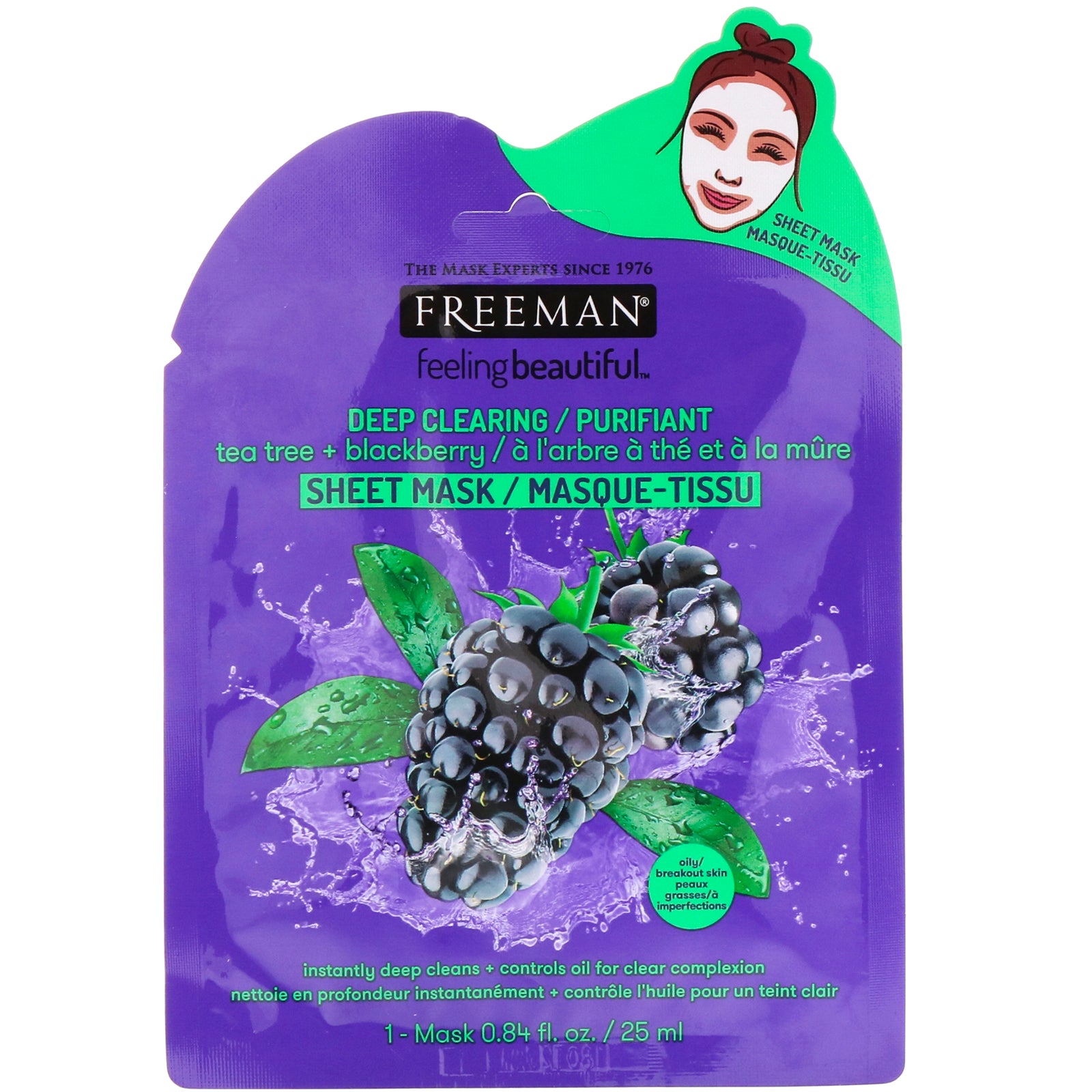 Freeman Beauty, Feeling Beautiful, Deep Clearing Sheet Mask, Tea Tree + Blackberry, 1 Mask