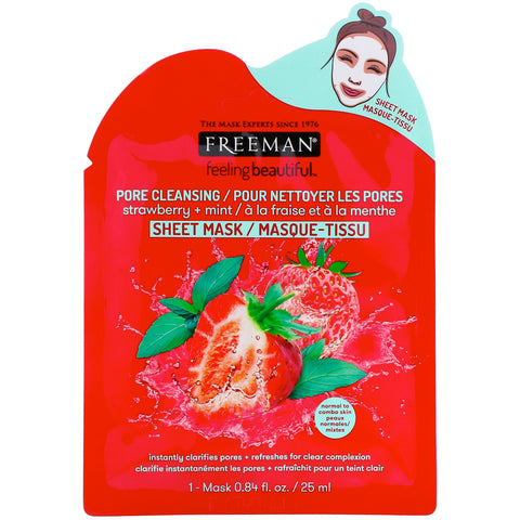 Freeman Beauty, Feeling Beautiful, Pore Cleansing Sheet Mask, Strawberry + Mint, 1 Mask