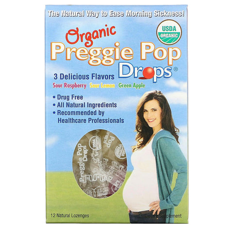 Three Lollies, Organic Preggie Pop Drops, Sour Raspberry, Sour Lemon and Green Apple, 12 Lozenges