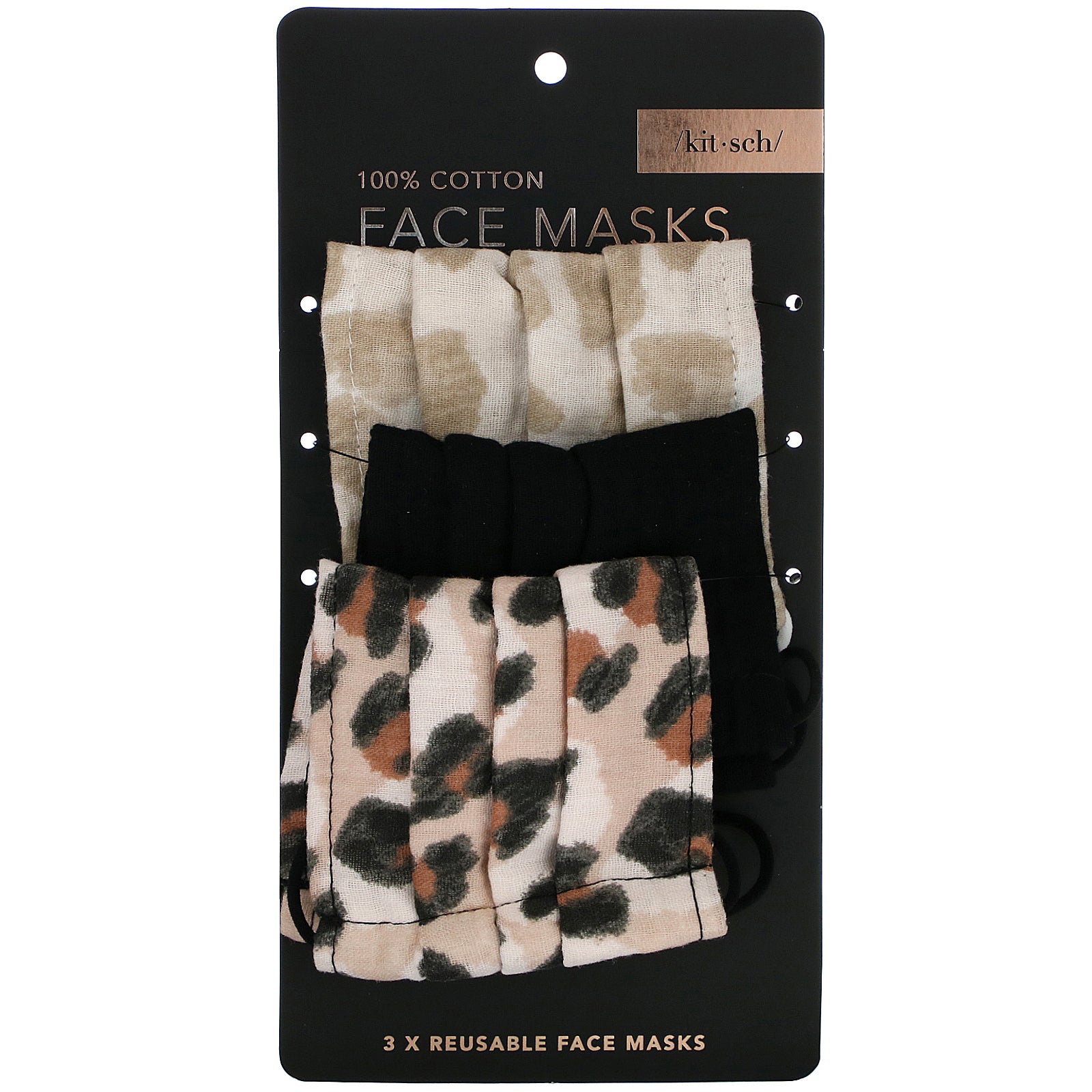 Kitsch, 100% Cotton Reuseable Face Masks, Leopard, 3 Pack