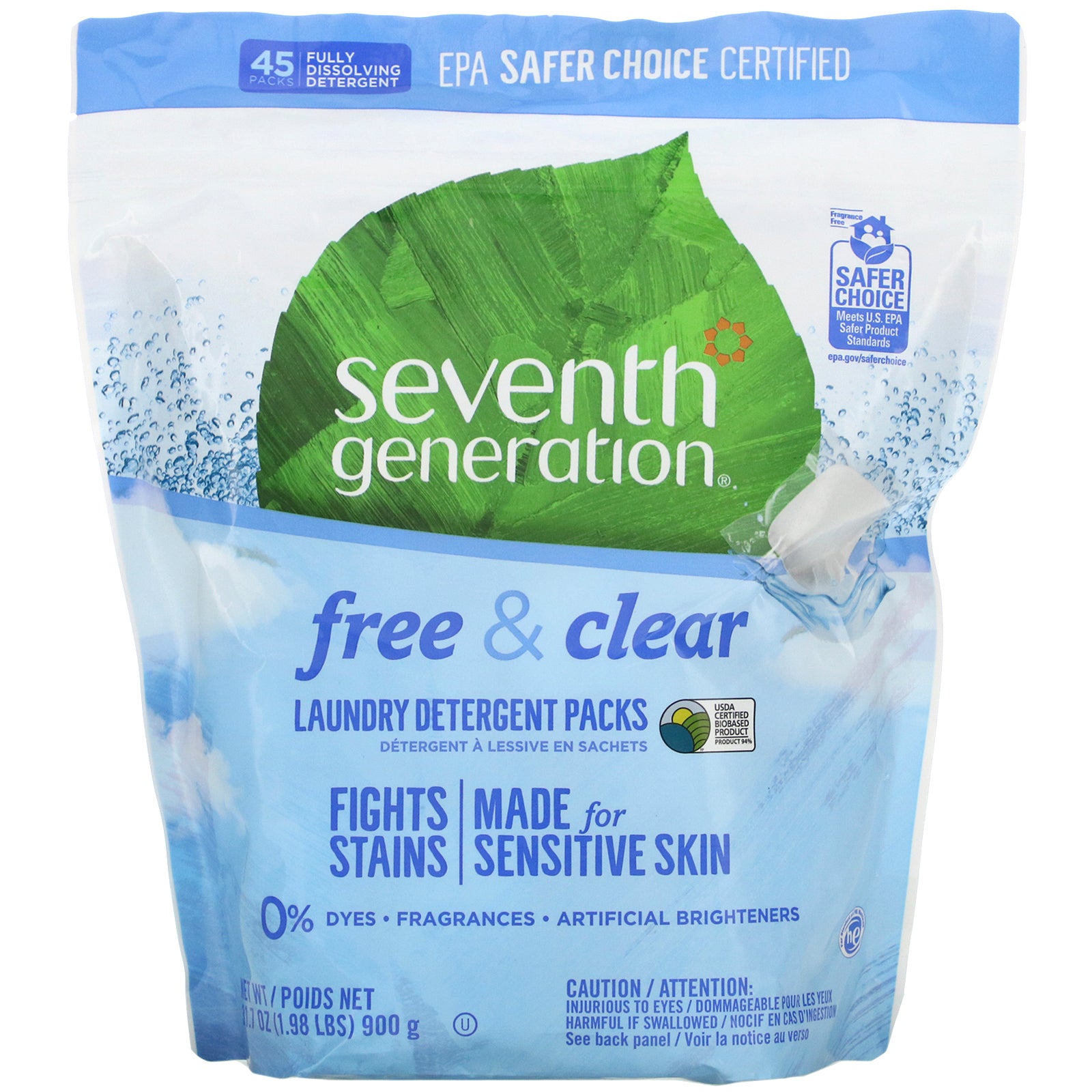 Seventh Generation, Laundry Detergent Packs, Free & Clear, 45 Packs, 1.98 lbs (31.7 oz)