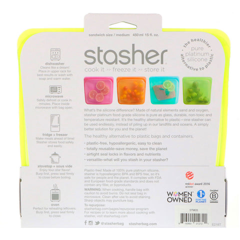 Stasher, Reusable Silicone Food Bag, Sandwich Size Medium, Lime, 15 fl oz (450 ml)