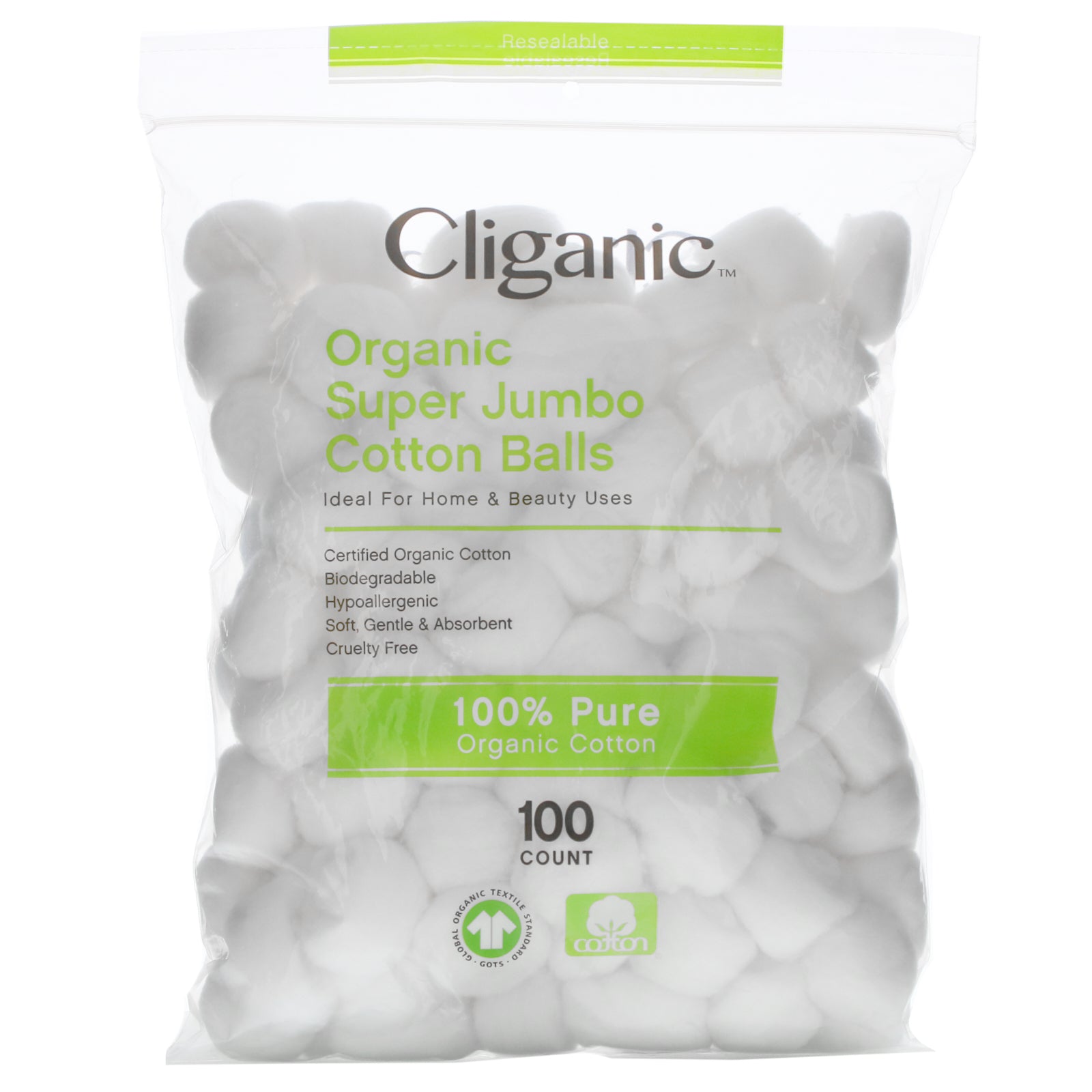 Cliganic, Organic Super Jumbo Cotton Balls, 100 Count