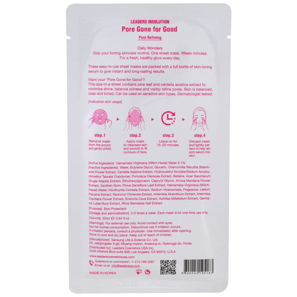 Leaders, Insolution, Daily Wonders, Pore Gone for Good, Pore Refining Mask, 1 Sheet, 0.84 fl oz (25 ml)