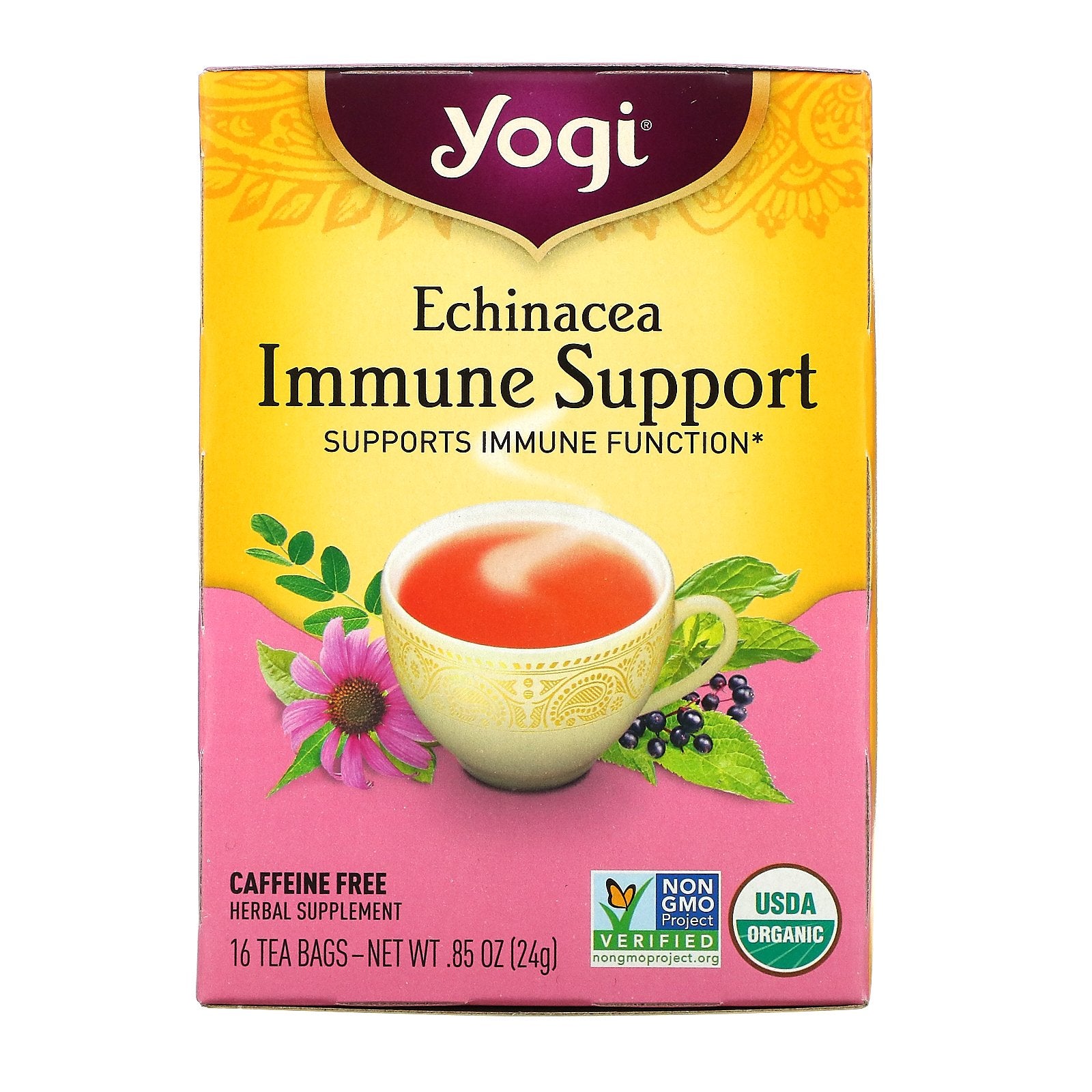 Yogi Tea, Echinacea Immune Support, Caffeine Free, 16 Tea Bags, .85 oz (24 g)