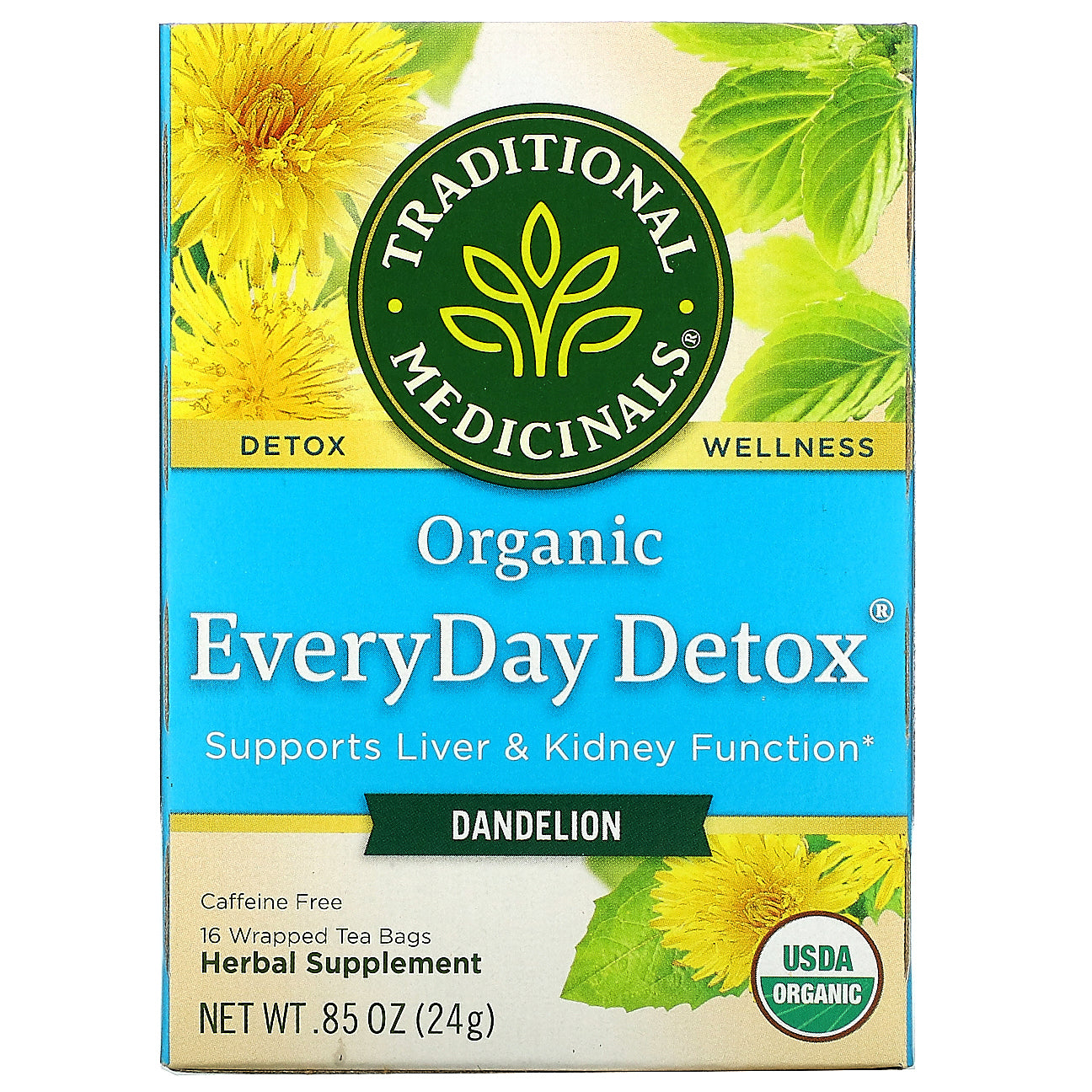 Traditional Medicinals, Organic EveryDay Detox, Dandelion, Caffeine Free, 16 Wrapped Tea Bags, .85 (24 g)