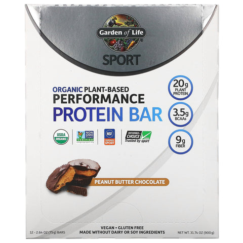 Garden of Life, Sport,  Plant-Based Performance Protein Bar, Peanut Butter Chocolate, 12 Bars, 2.64 oz (75 g) Each