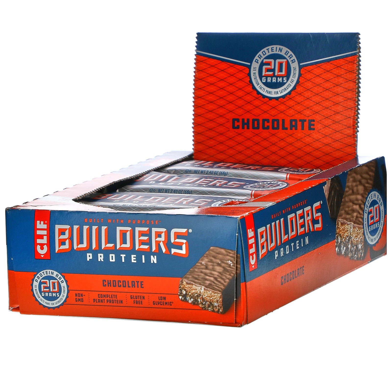 Clif Bar, Builder's Protein Bar, Chocolate, 12 Bars, 2.40 oz (68 g) Each