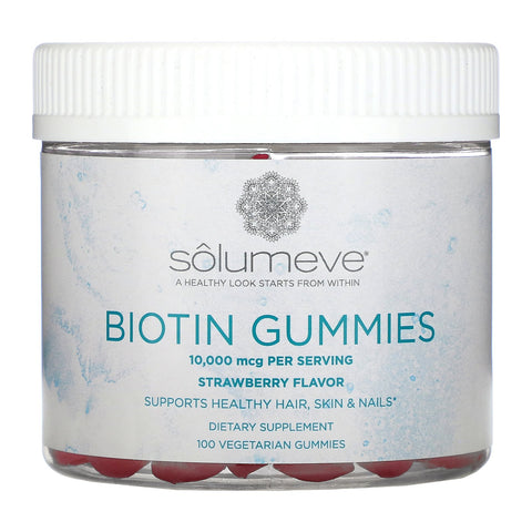 Solumeve, Biotin Gummies, Gelatin Free, Strawberry Flavor, 10,000 mcg, 100 Vegetarian Gummies