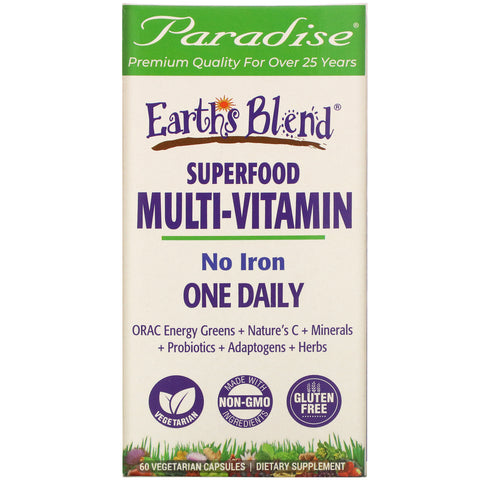 Paradise Herbs, Earth's Blend, One Daily Superfood Multi-Vitamin, No Iron, 60 Vegetarian Capsules