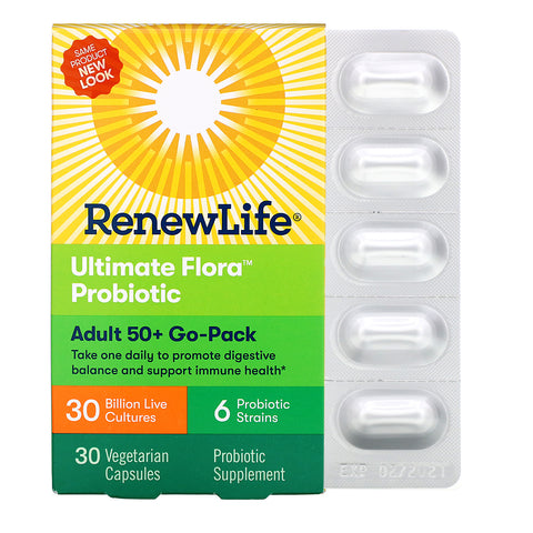 Renew Life, Adult 50+ Go-Pack, Ultimate Flora Probiotic, 30 Billion Live Cultures, 30 Vegetarian Capsules