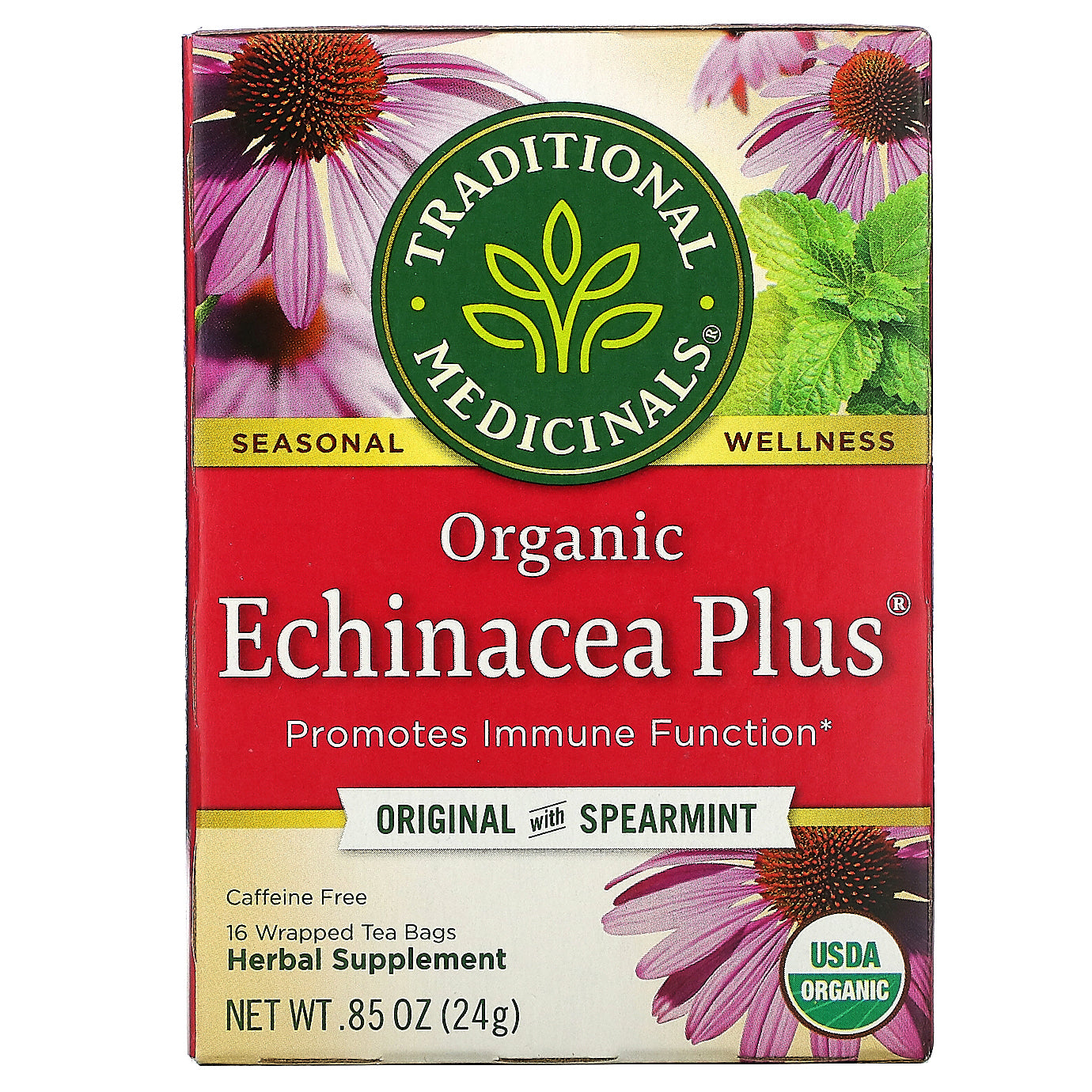 Traditional Medicinals, Organic Echinacea Plus, Original with Spearmint, Caffeine Free, 16 Wrapped Tea Bags, .85 oz (24 g)
