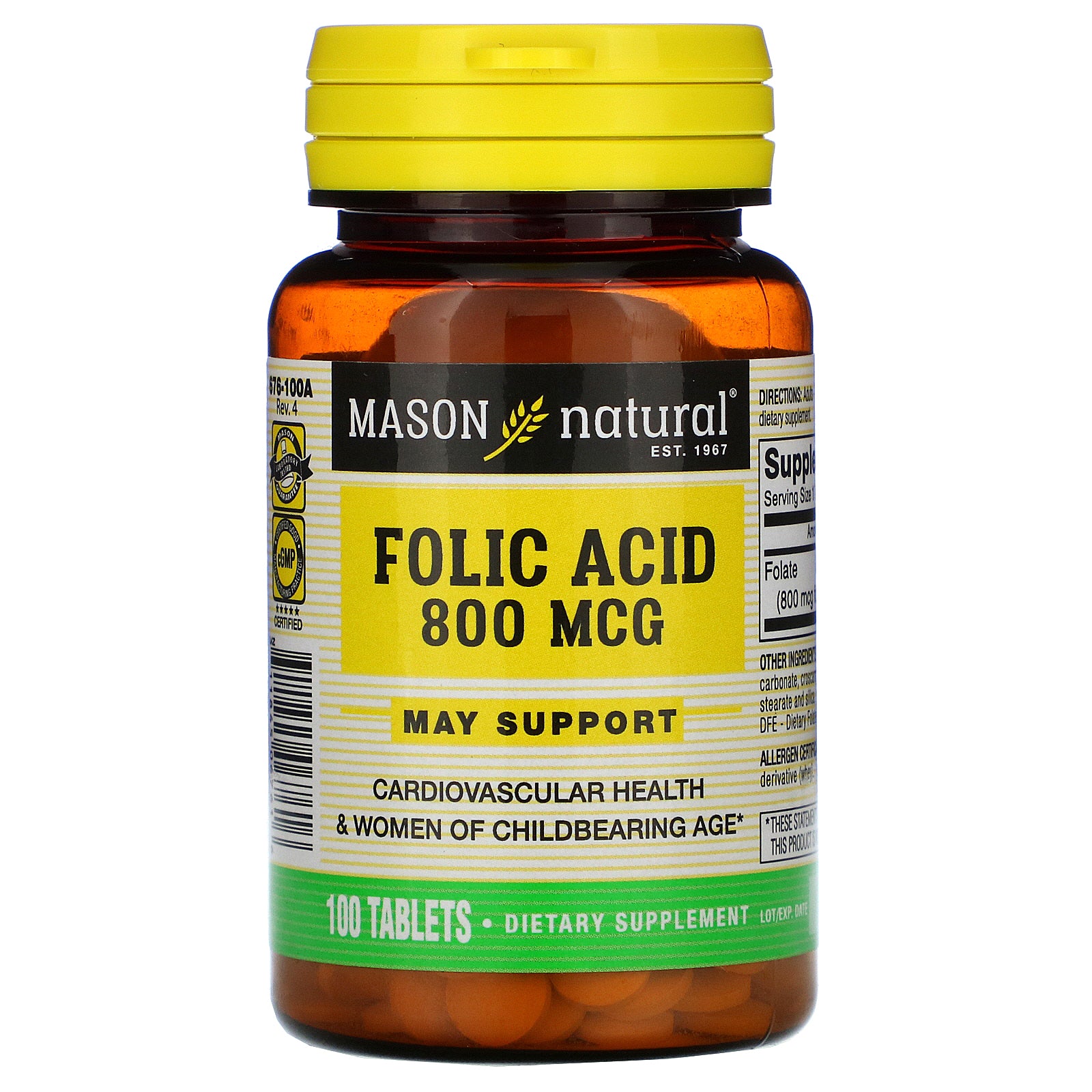 Mason Natural, Folic Acid, 800 mcg, 100 Tablets