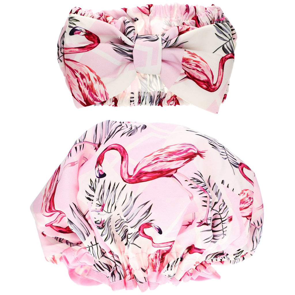 The Vintage Cosmetic Co., Make-Up Headband and Shower Cap Set, Pink Flamingo, 1 Set