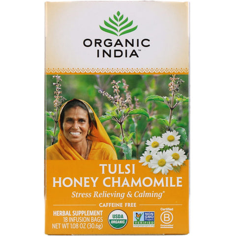 Organic India, Tulsi Tea, Honey Chamomile, Caffeine-Free, 18 Infusion Bags, 1.08 oz (30.6 g)