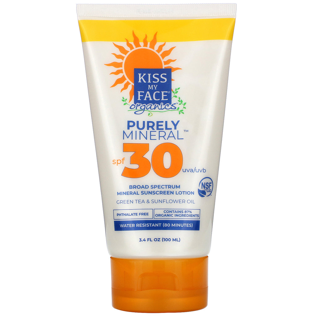 Kiss My Face, Organics, Purely Mineral,  Broad Spectrum Mineral Sunscreen Lotion,  SPF 30, 3.4 fl oz (100 ml)