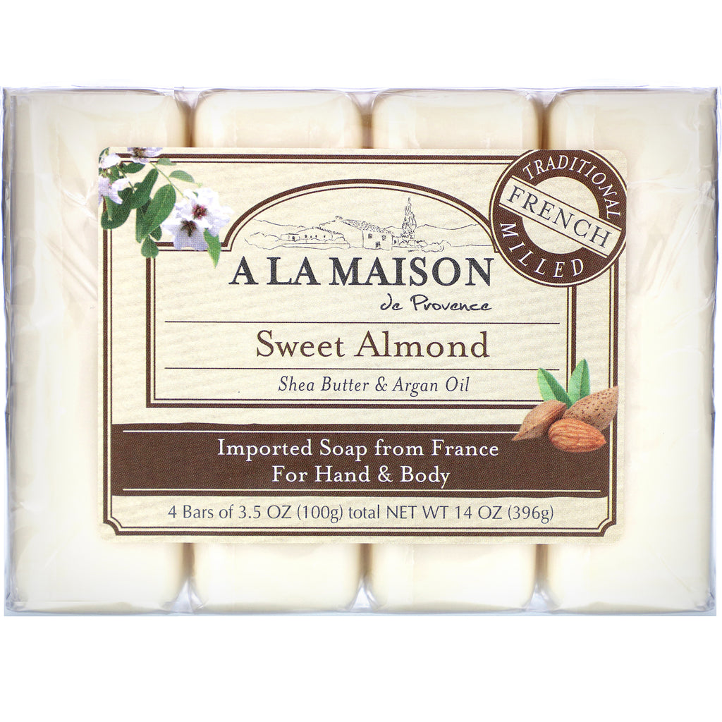 A La Maison de Provence, Hand & Body Bar Soap, Sweet Almond, 4 Bars, 3.5 oz Each