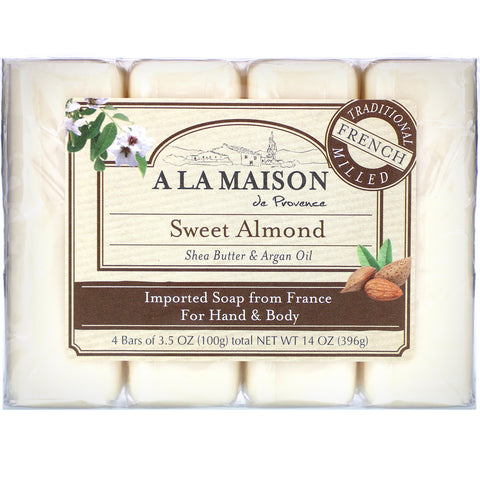 A La Maison de Provence, Hand & Body Bar Soap, Sweet Almond, 4 Bars, 3.5 oz Each