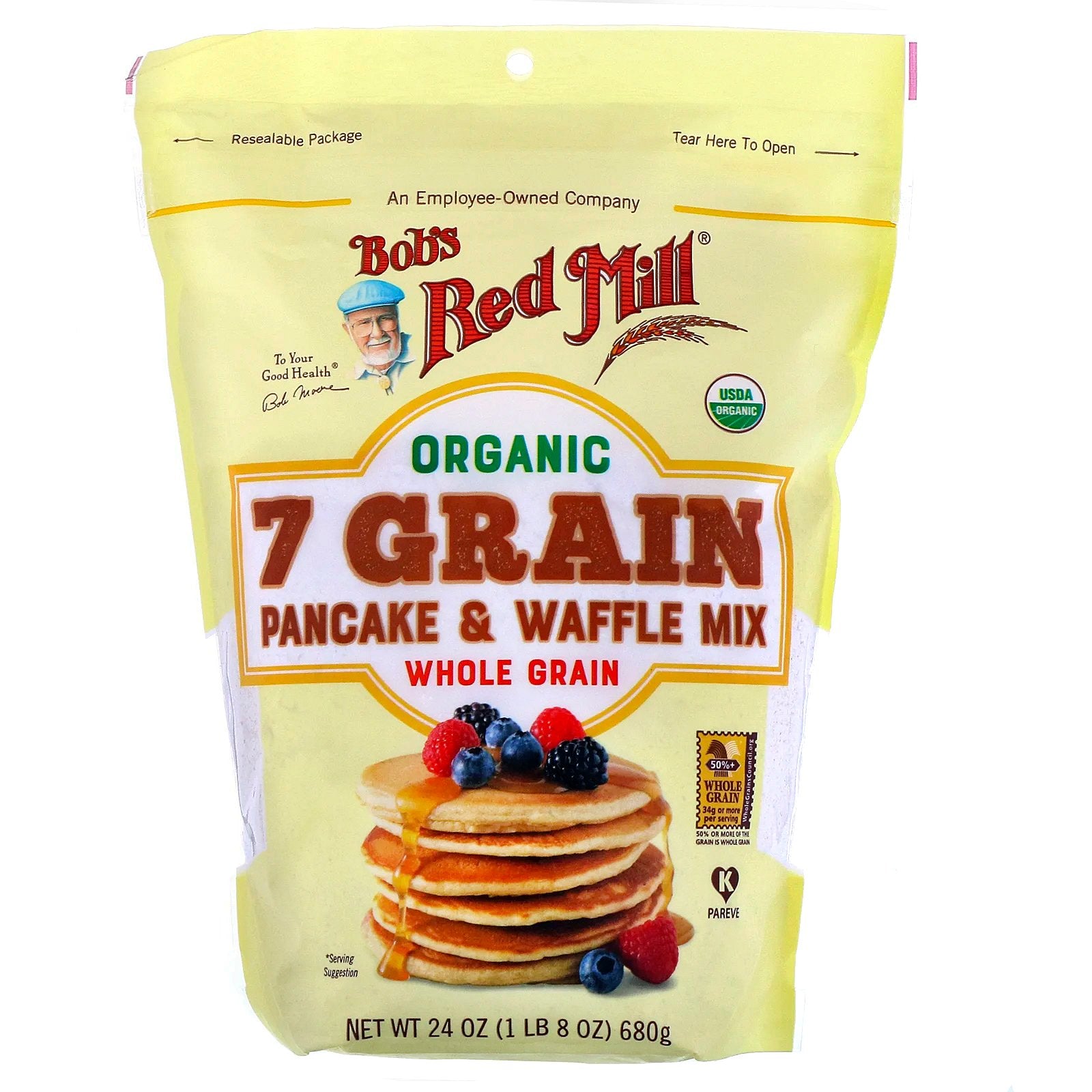 Bob's Red Mill, Organic 7 Grain Pancake & Waffle Mix, Whole Grain, 24 oz (680 g)